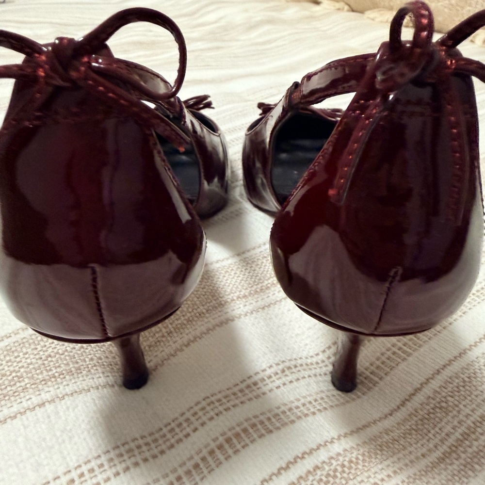 J. Crew Burgundy Patent Square-Toe Ballet Heels with Bow - Picture 2 of 3